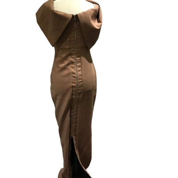 Rubber Ducky production Off-the-Shoulder neckline wrap Gown long dress Sz S Tan - Picture 3 of 10